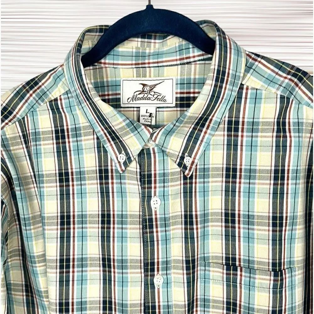 NWT New Madda Fella Cotton Plaid Long Sleeve Casual Button Down Oxford Shirt L